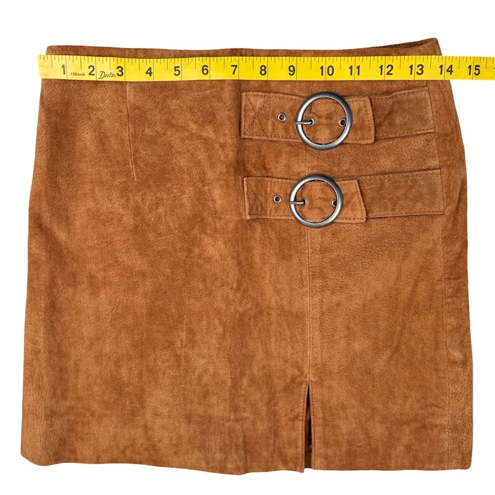 Brown Suede Leather Mini Skirt Buckle Front Y2K Moto Womens 25 - Picture 4 of 7